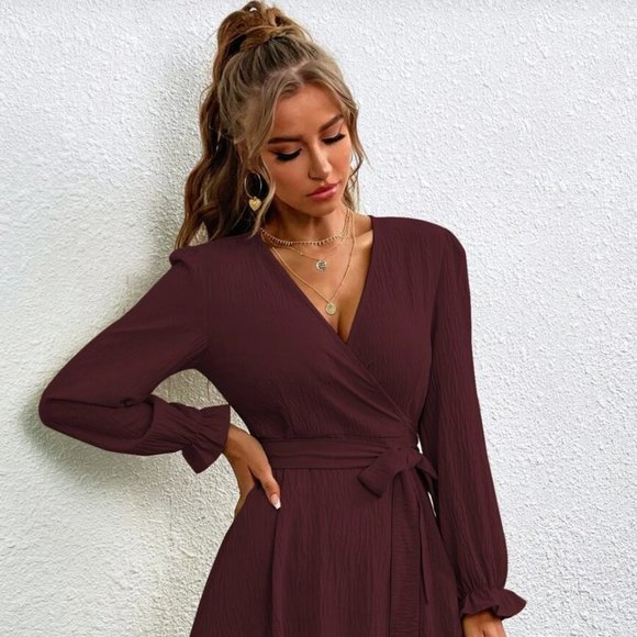 Burgundy Wrap Dress with Deep V Neckline - Sz M - Picture 3 of 4
